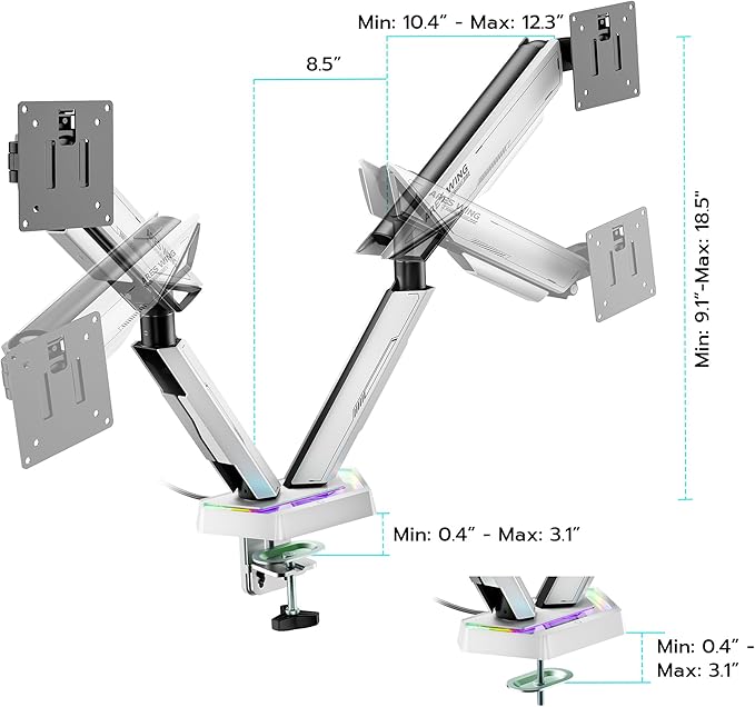 ARES WING RGB Dual Monitor Arm for 17-38" Ultrawide Screens, Holds 35.2lbs, Heavy Duty Dual Monitor Stand for Desk, Adjustable Double Monitor Mount with Clamp & Grommet Base, 75/100 VESA Mount, White