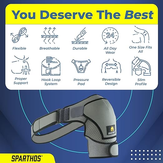 Sparthos Shoulder Brace - Adjustable Support Sleeve for Torn Rotator Cuff, AC Joint Relief, Shoulder Stability & Compression - Fits Bicep 10-14 in, Left or Right, Men & Women - Measure Before Purchase