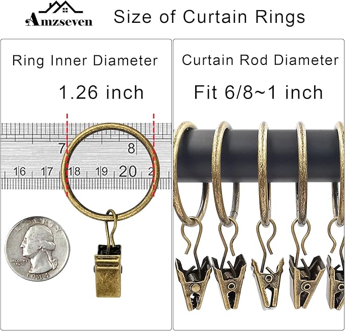 AMZSEVEN 100 Pack Curtain Rings with Clips, Drapery Clips with Rings, Drapes Rings 1.26 in Interior Diameter, Fits up to 1 in Curtain Rod, Bronze