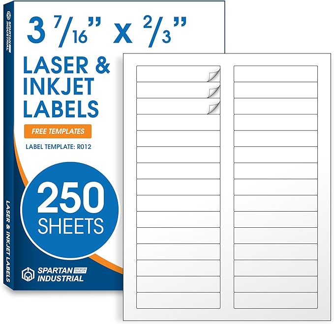 3 7/16" X 2/3" Matte White Printable Labels for Inkjet and Laser Printers - 250 Sheets, 7500 Custom Stickers, File Folder Labels, Return Address Stickers, Price Tags - Spartan Industrial Template R012