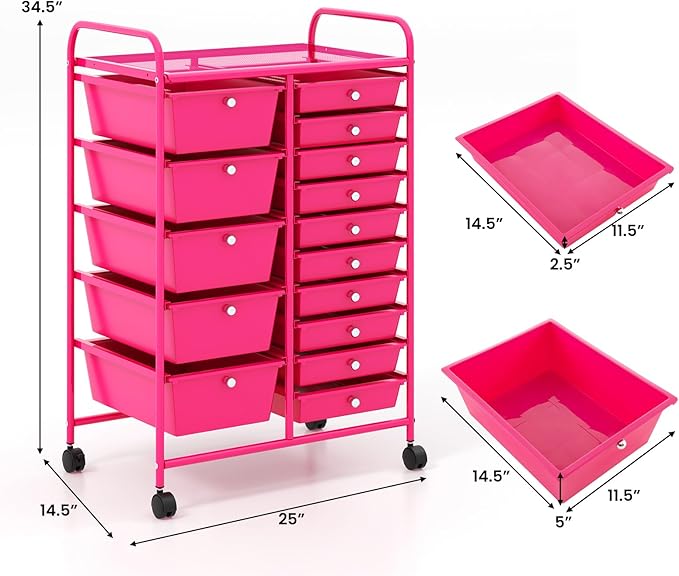 ARLIME 15-Drawer Storage Cart, 15 Drawer Trolley, Rolling Organizer Cart, Scrapbook Paper Organizer, Suitable for Office and School, Rolling Office Storage Tools (Hot Pink)