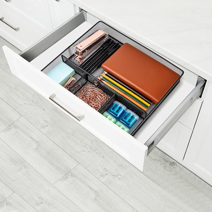Desk Drawer Organizer Tray, Metal Mesh Drawer Organizers Office, 4 Grid with Adjustable Compartment, Desk Organizer Tray for Home Office 12x10.6x1.9 inch Black, 2 Pack