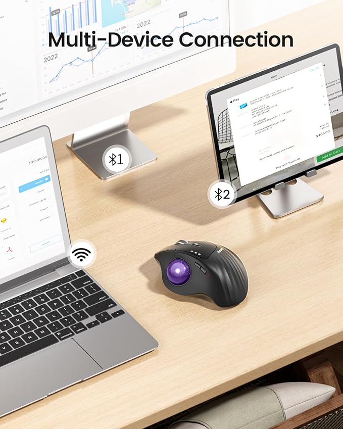 ProtoArc Wireless Trackball Mouse, EM01 NL Ergonomic Bluetooth Rollerball Thumb Rechargeable Computer Laptop Mouse, Adjustable Angle & 3 Device Connection for PC, Mac, Windows-Purple Ball