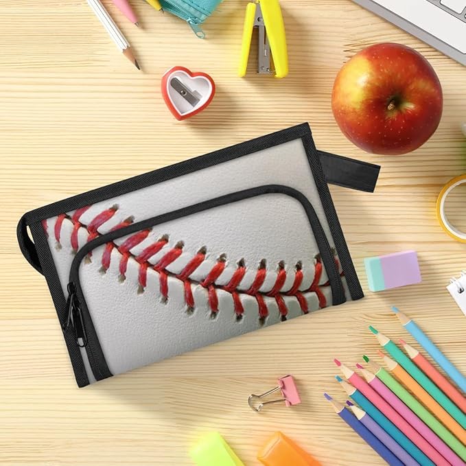 Large Capacity Pencil Case Pouch, Baseball Laces Portable Zipper Pencil Cases Pencil Bag Office Stationery Bag Makeup Bag Desk Organizer for Women Men