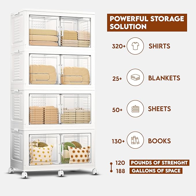 FINCHESCLUB 752QT Extra Large Stackable Storage Bins with Lids, 188Gal Foldable Storage Bins with Doors and Wheels, Collapsible Closet Organizers for Home Office, 4 Pack - White