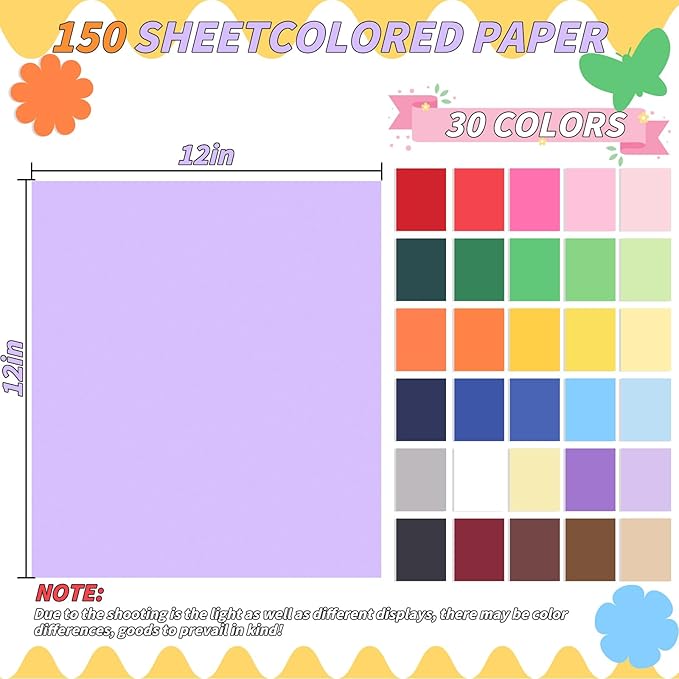 Oleitodh Colored Cardstock Bulk 150 Sheets, 30 Assorted Colors, 12" x 12" Cardstock Paper, 180 GSM, Perfect for Cricut, Scrapbooking, Crafts