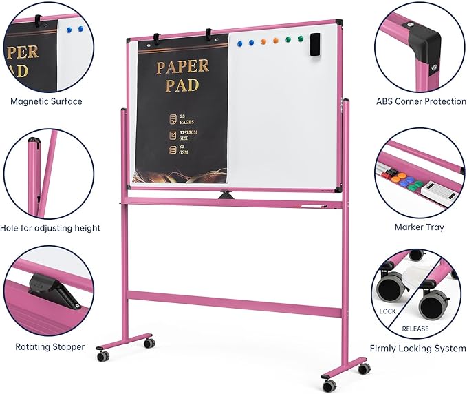 Large Dry-Erase Rolling Magnetic Whiteboard - 48 x 32 Inches Dry Erase Board with Stand Height Adjust Double Sides Mobile White Board Easel on Wheels with 25 Sheets Paper Pad Office, Home & Classroom