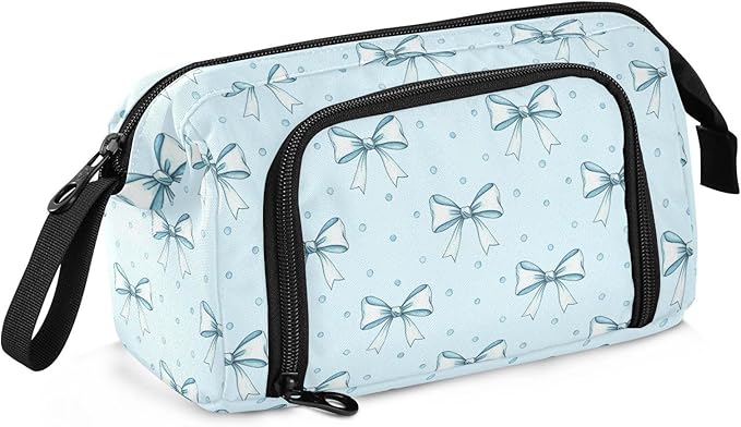 Blue Ribbon Bow Pencil Case Pouch Big Capacity Pencil Bag Box Organizer Pen Case with Handle Stationery Organizer for Kids Boys Girls College