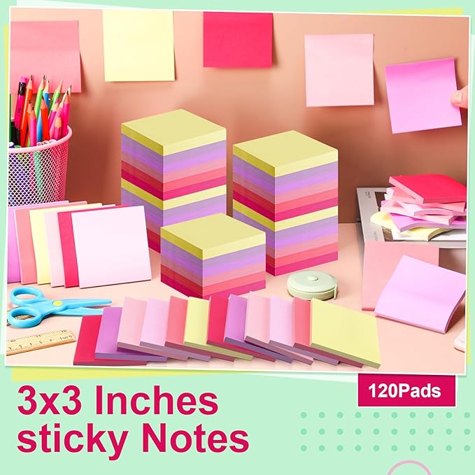 Fainne 120 Pack Sticky Notes Bulk 3 x 3 inch Self Stick Note Pads Multicolor Paper Memo for Office School Supplies Student Teacher Classroom Back to School Essentials, 50 Sheet/Pad(Vivid Color)