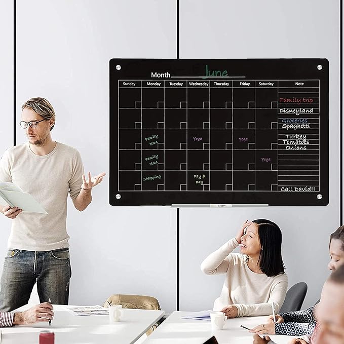 J&J worldwide Magnetic Whiteboard Calendar, 47 x 35 Black Glass Wall Calendar Dry Erase Board Monthly Planner for Home, School, Office, Frameless, with Markers, Marker Tray, Eraser, Magnets