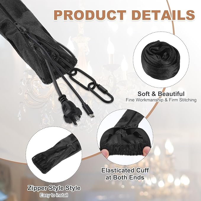 PATIKIL 3.3ft Chandelier Chain Cord Cover, 2 Pcs Velvet Cloth Fabric Chain Sleeve Decorative Cord Covers for Chandelier Wires Swing Cable, Zipper Style, Black