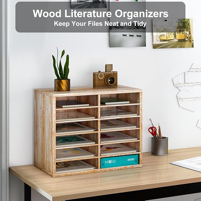 PAG Countertop Mail Sorter Organizer, Wooden Literature Organizer, Student Mailbox for Classroom, Desktop Bill Organizer for Office Home School, 12 Compartments, Retro White