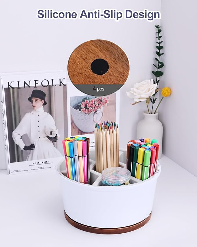 360° Rotating Pen Holder For Desk, Pencil Organizer With 7 Compartments, Melamine Silicone Art Supply Organizer For Office School Home Yellow