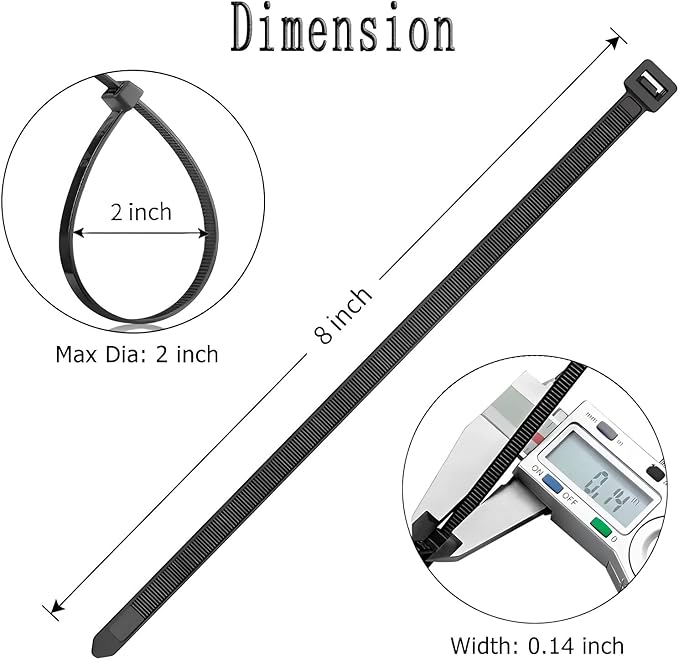 Black Zip Ties 8 inch (1000 Pack), 40lbs Tensile Strength, UV Resistant black Cable Ties heavy duty, Self-locking Plastic Ties for Indoor and Outdoor Use
