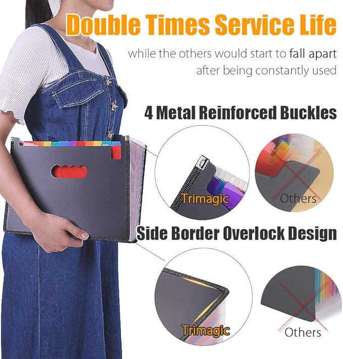 TriMagic Accordian File Folder Organizer, Alphabetical Expanding Filing Folders, A-Z Expandable Accordion Storage Box with 24 Pockets for Paperwork Paper Keeper Invoice Receipt Bill Document