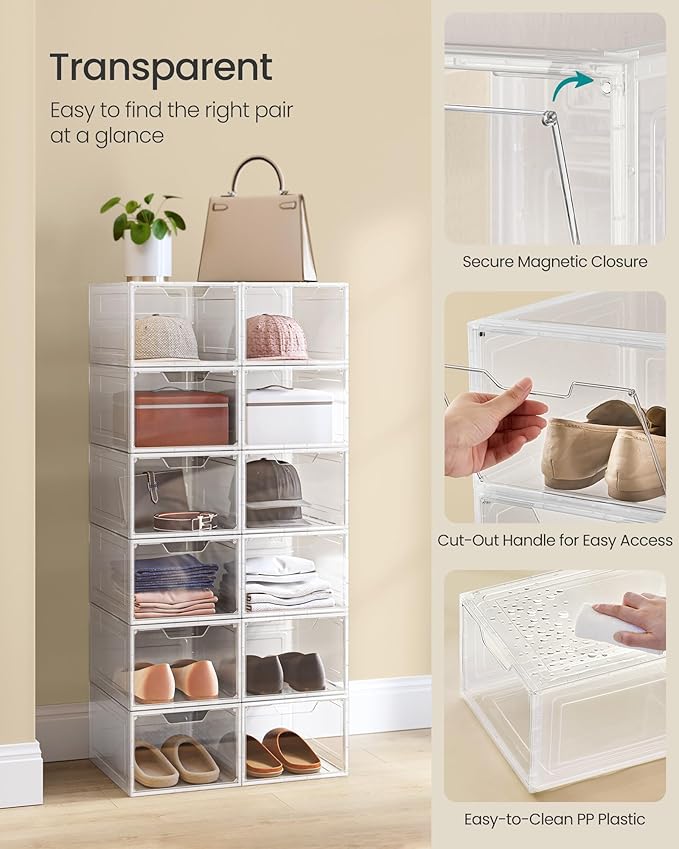 SONGMICS Shoe Boxes, Clear Shoe Organizers, Set of 12, Plastic Shoe Storage with Clear Door, Easy Assembly, up to US Size 13, Transparent White ULSP032W12
