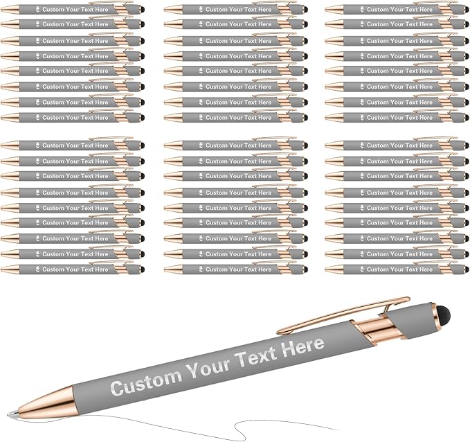ENOMY 50 Pcs Bulk Personalized Custom Pens with Stylus Ballpoint Pens Customized with Text Logo Name Best Gift for College Business Promotion Wedding Birthday Christmas (MLDGray)