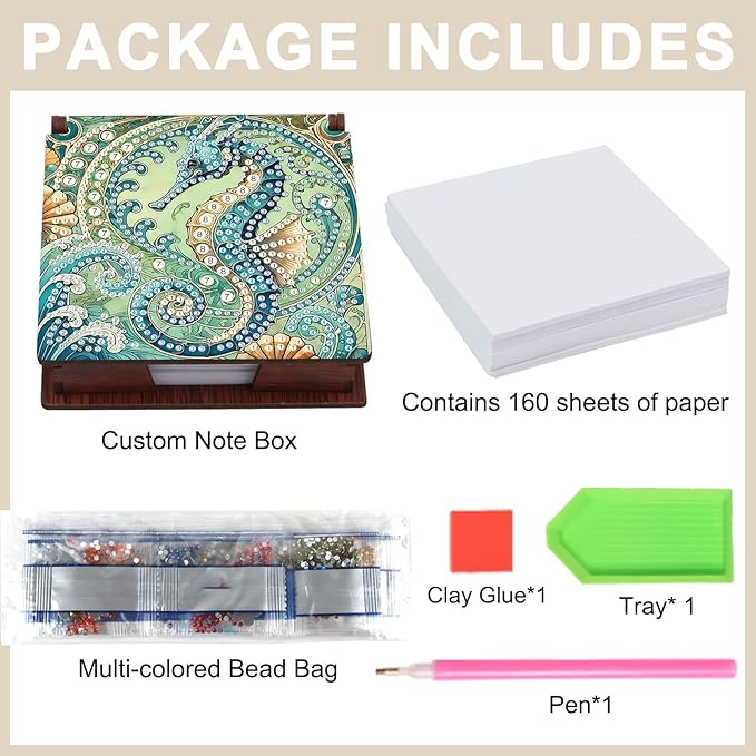 Wooden DIY Seahorse Diamond Art Notecard Box – DIY Gem Art Sticky Note Holder for Adults 160 Sheets Memo Pad Storage