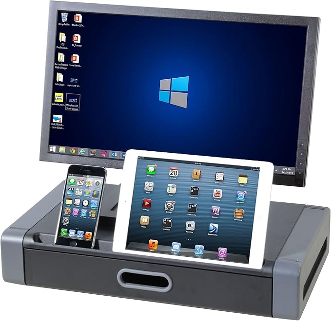 Kantek Monitor Riser with Drawer & Smartphone/Tablet Slot, 19-Inch Wide x 11-Inch Deep x 4-Inch High, Black/Dark Grey (MS760)