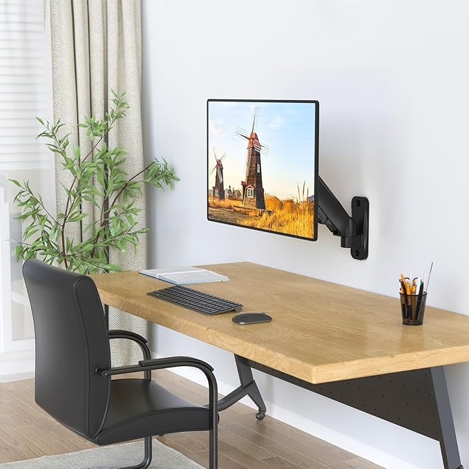 WALI Monitor Wall Mount 27+ inch, Wall Mount Monitor Arm Fits 1 Screen up to 32 inch, Single Monitors Mount Holds up to 19.8lbs, Gas Spring Monitors Arm Max Extension 13.4 inch,(GSWM001S), Black