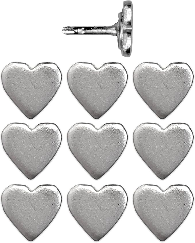 Mini Silver Heart Push Pins - Mini Silver Metal Heart Map Pins - for Cork Board, Maps, or Lapel Pin Use - Designed in USA - Set of 10