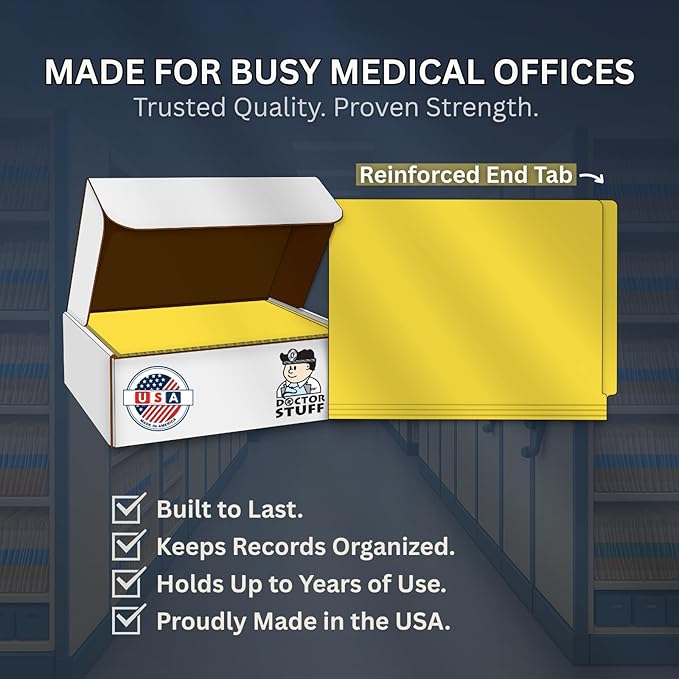 Yellow Medical File Folder, USA Made, Doctor Stuff, One 2" Bonded Fastener Top Right Position 1, Durable 11pt, Reinforced End Tab File Folders with Prong, Medical Charts/Patient Chart, 50/Box