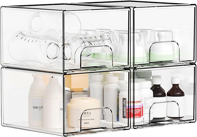 4.4" Tall Small Clear Acrylic Stackable Storage Drawers for Vanity,Under Sink,Bathroom Closet,Medicine Cabinet Organization and Plastic Storage Bins for Organizing Makeup,Baby Bottles,Pacifier,4 PCS