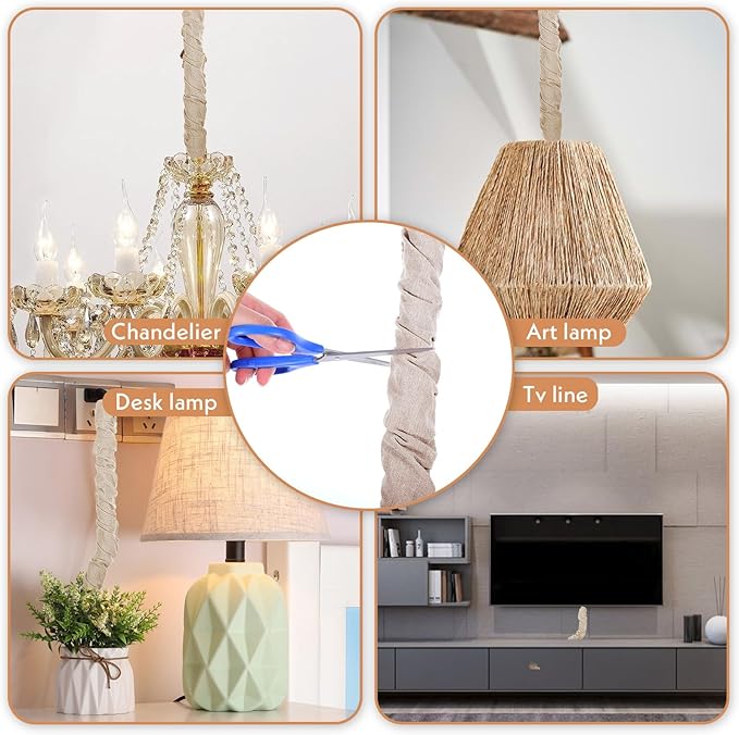 Fabric Cord Cover & Chandelier Chain Cover 2 Pack 6Feet Length for Chandelier Lighting Wires Natural Burlap Easy to Install (Brown)