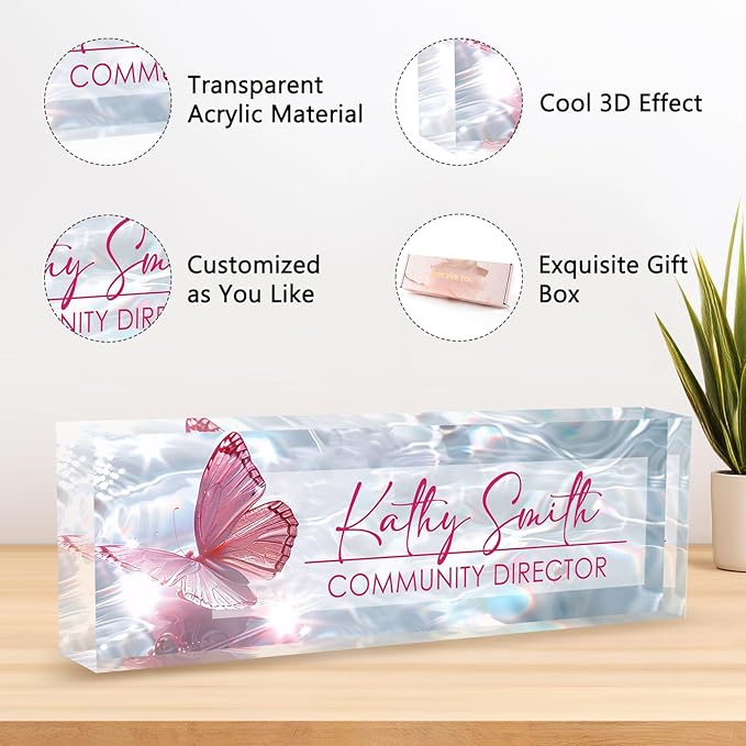 Desk Name Plate Personalized Name Plate for Desk, Office Desk Decor, 3D Style Personalized Plaque Name Plates for Desks Custom Appreciation Gifts for Boss Lady Employee Coworkers (Shiny Butterfly)
