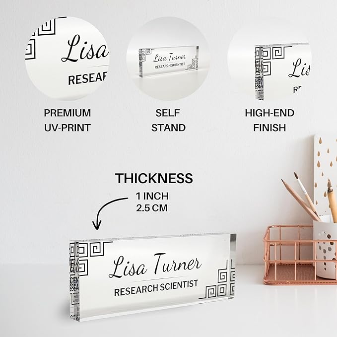 Customized Clear Acrylic Thick 8x3" Desk Name Plate Block with Personalized Logo - Professional Office Decor - Customized Acrylic Plate Gift for Teacher Co-workers, Christmas Gifts, Holiday Gifts (Greek Key Corners)