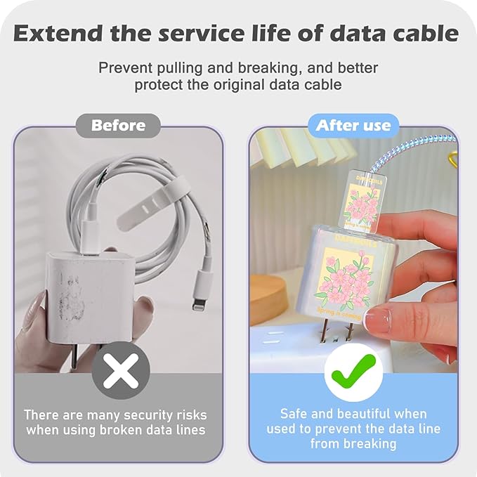 Flowers DIY Cable Protector for iPhone Adapter Charger,Cute Peach Blossom Design Transparent Data Line Cable Case, Phone Charging Protector for Apple Charger Cover