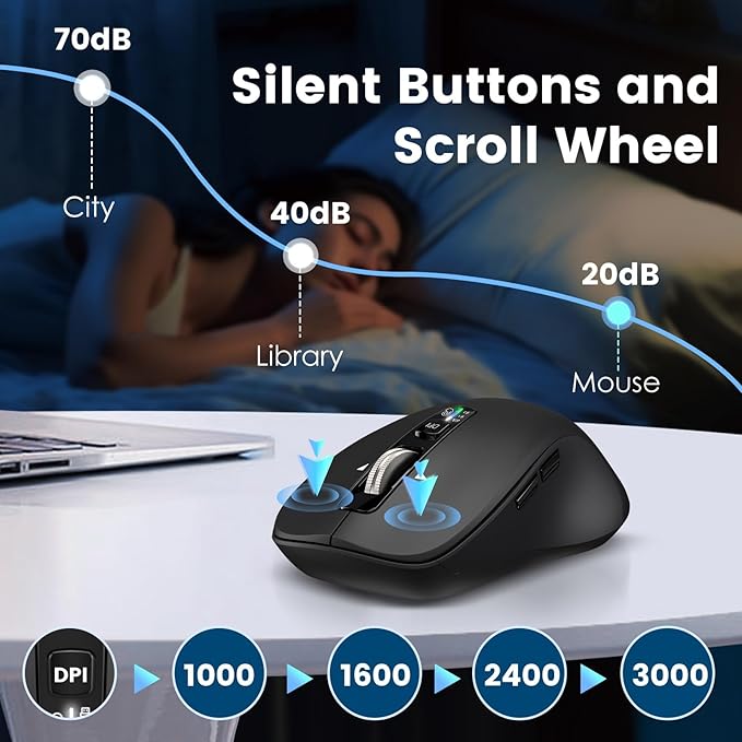 Wireless Bluetooth Mouse (USB + BT1 + BT2), Full Size, 4-Way Scrolling, Multi-Device Silent Mouse for Computer, Laptop, iPad, MacBook (Black)