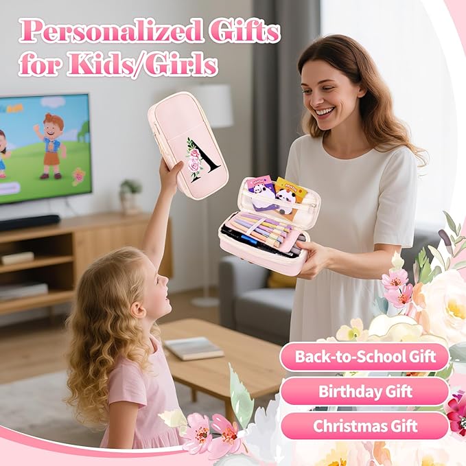 Preppy Pencil Case for Girls, Cute Large Pencil Pouch, Personalized Initial Pencil Bag with Zipper for School College Office Supplies, Back to School Supplies Gifts for Teen Girls (A, Pink)