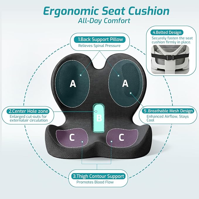 Trucker Seat Cushion, Car Seat Cushions with Lumbar Support Pillow, Ergonomic L-Shaped One Piece Memory Foam Pad for Long Driving Back Pain Sciatica Relief, Drivers Office Workers (Black+ Gray)