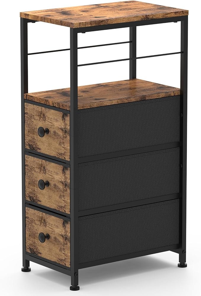 YBING Narrow Dresser for Bedroom, Dresser with 3 Fabric Drawers, Slim Bedside Table with Open Storage Shelf, Small Side Table for Small Spaces, Brown