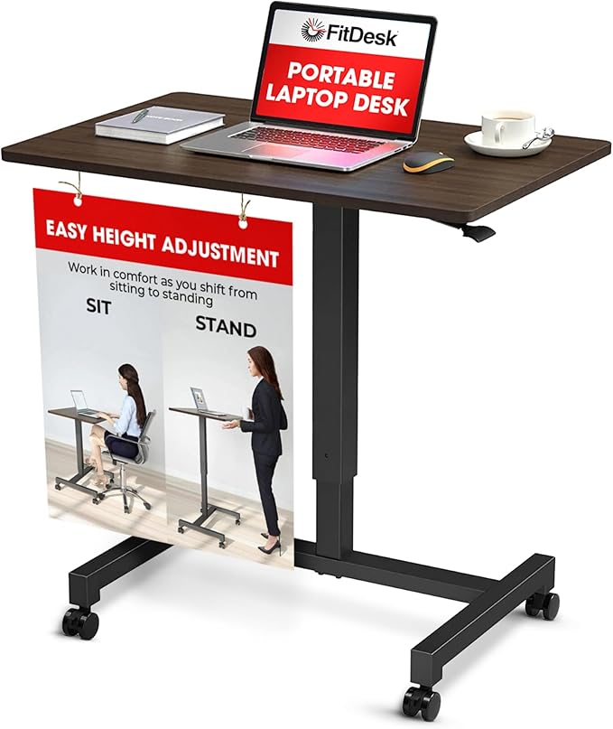 FitDesk Portable Laptop Desk, Rolling Standing Workstation Adjustable Height, Compact Standing Table with Large Surface, Small Stand Desk for Home Office, 30 lb Weight Limit – Walnut, 27" Tabletop