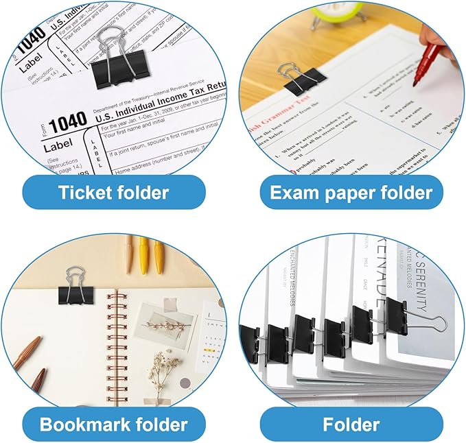 Afcabakila 300 Pcs Medium Binder Clips, 1.25 Inch Black Paper Clips Office Supplies Paper Clamps for Teachers Home Business Paperwork Supplies