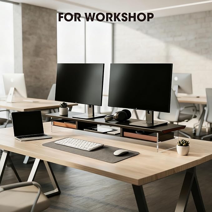 Fenge Dual Monitor Stand with Drawer, 42.5 Inch Large Monitor Riser with Acrylic Legs Supports, Computer Stand for Desk, 2 Tier Wood Desk Shelf with Storage Organizer for PC, Laptop, Printer, TV