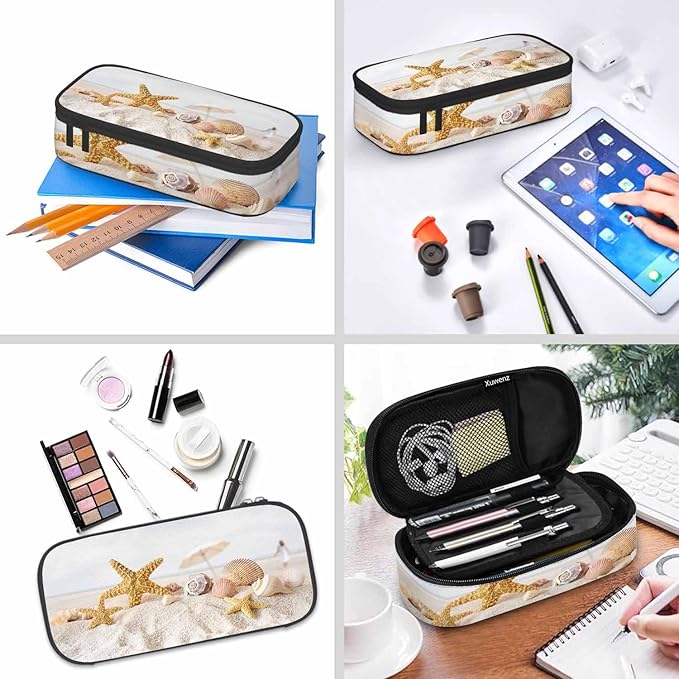 Starfish Seashells Pencil Case Sand Beach Summer Pencil Bag Pouch Box Organizer for College Student Teen Adults