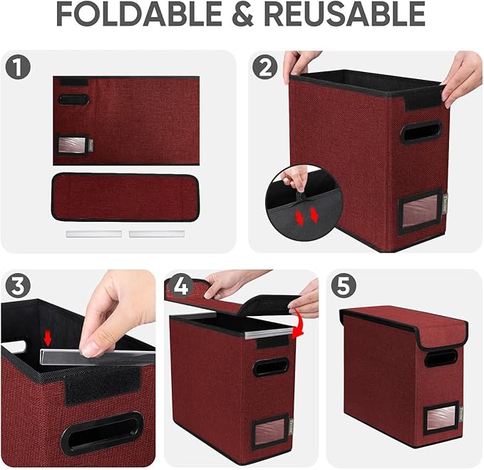 BALEINE File Organizer Box with Lid, Collapsible File Folder Organizer with Plastic Slide, Hanging File Folder Box for Office Document Storage (2 Pack, Red, S)