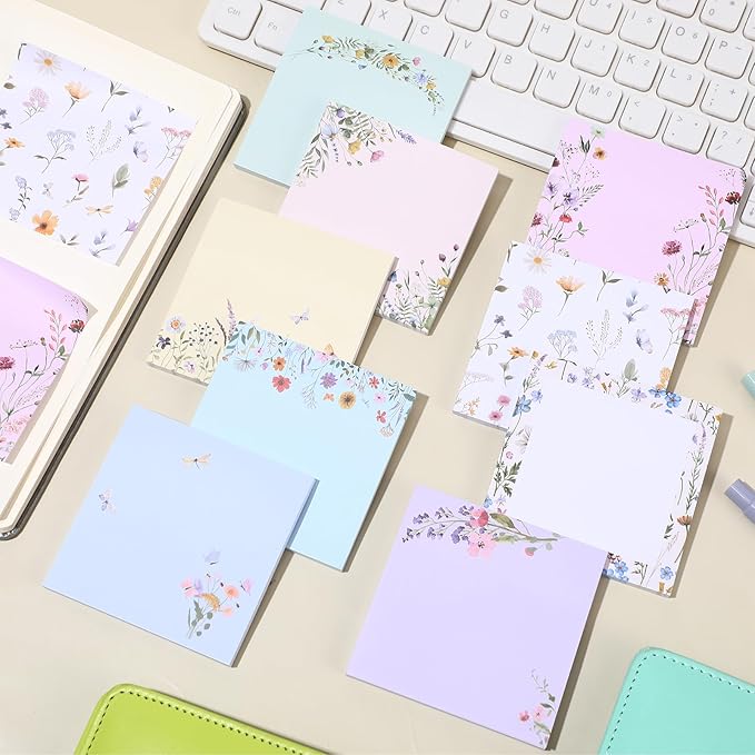 9 Pads Wildflower Sticky Notes 3x3 Inch Cute Self Stick Notepads Notes Adhesive Memo Pad Office Decor Gifts for Students School Teacher Meeting Office Supplies