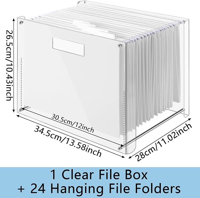 24 Hanging File Folder with Acrylic Organizer for Letter/a4 Size Desktop Clear File Storage Box with Handles for Home Work Office Use(White,Classic)