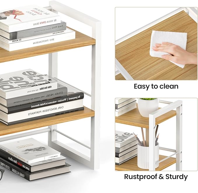 Office Desk Shelf Organizer, Wood Desktop Bookshelf Supplies Storage Rack, Shelf for Top of Desk and Dresser (White-2 Tier)