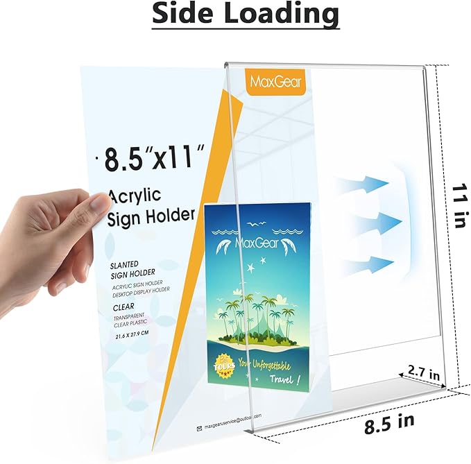 MaxGear Acrylic Sign Holder 8.5 x 11 Inches, Clear Sign Holders Plastic Display Stand Slant Back Countertop Display Picture Frames for Menus, Flyer, Use In Office, Store, 12 Pack