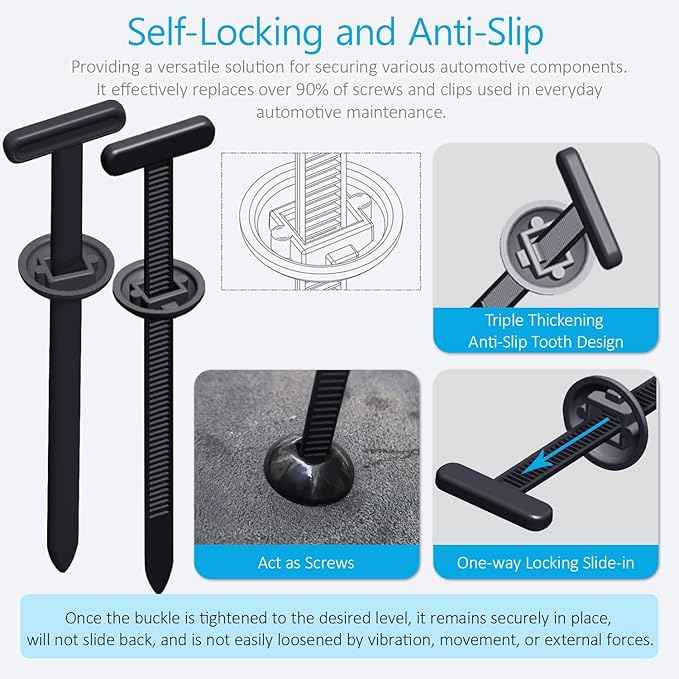 200PCS Nylon Universal Cable Tie Buckles, Multi-functional T Rivet Zip Ties - Automotive Zipper Clips with Pin & Button Design for Car Daily Repair, Fender Liner, Bumper Retainer, Door Panel Fastener