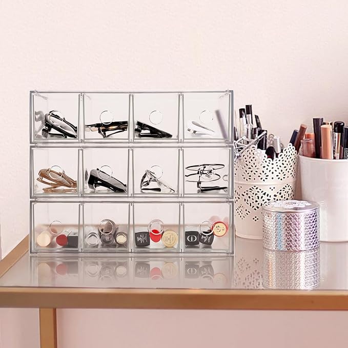 3-Pack Stackable Acrylic Storage Drawers, Desk Organizer Transparent Cosmetic Storage Boxes, 4 Compartment Design Suitable for Stationery, Dressing Table, Sunglasses, Jewelry Storage Organization