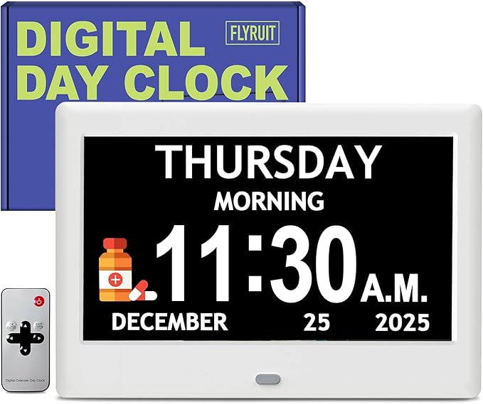 7'' Dementia Clock For Seniors, Large Display Digital Clock With Date, Time, Day Of Week for Elderly, Alzheimer, 1024*600P HD, 10 Reminders & 8 Alarms, Auto Dimming & DST, Remote Control, White