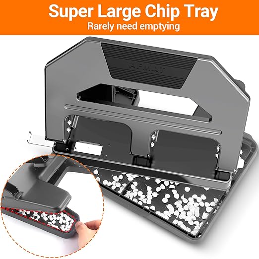 AFMAT Heavy Duty 3 Hole Puncher, 40-Sheet Paper Punch Heavy Duty, 50% Reduced Effort Three Hole Punch, 10K+ Uses, Metal Hole Puncher 3 Ring w/Large Tray, Bulit-in S.S. Paper Guide, Gray