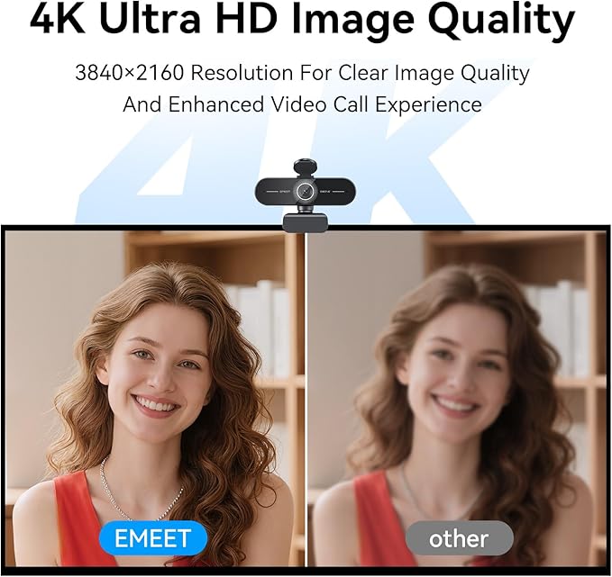 EMEET C60E 4K Webcam for PC - Ultra 4K HD, PDAF Autofocus, Dual Noise-Cancelling Mics, 73° FOV, Auto Light Correction, USB Plug&Play, Privacy Cover, Ideal for High-End Business Meetings&Live Streaming