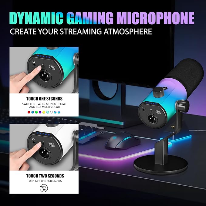 XLR/USB Dynamic Microphone, Dynamic Pc Microphone for Live Streaming and Podcasting, Featuring RGB Lighting, Mute Function, Noise Reduction, and Desktop Stand